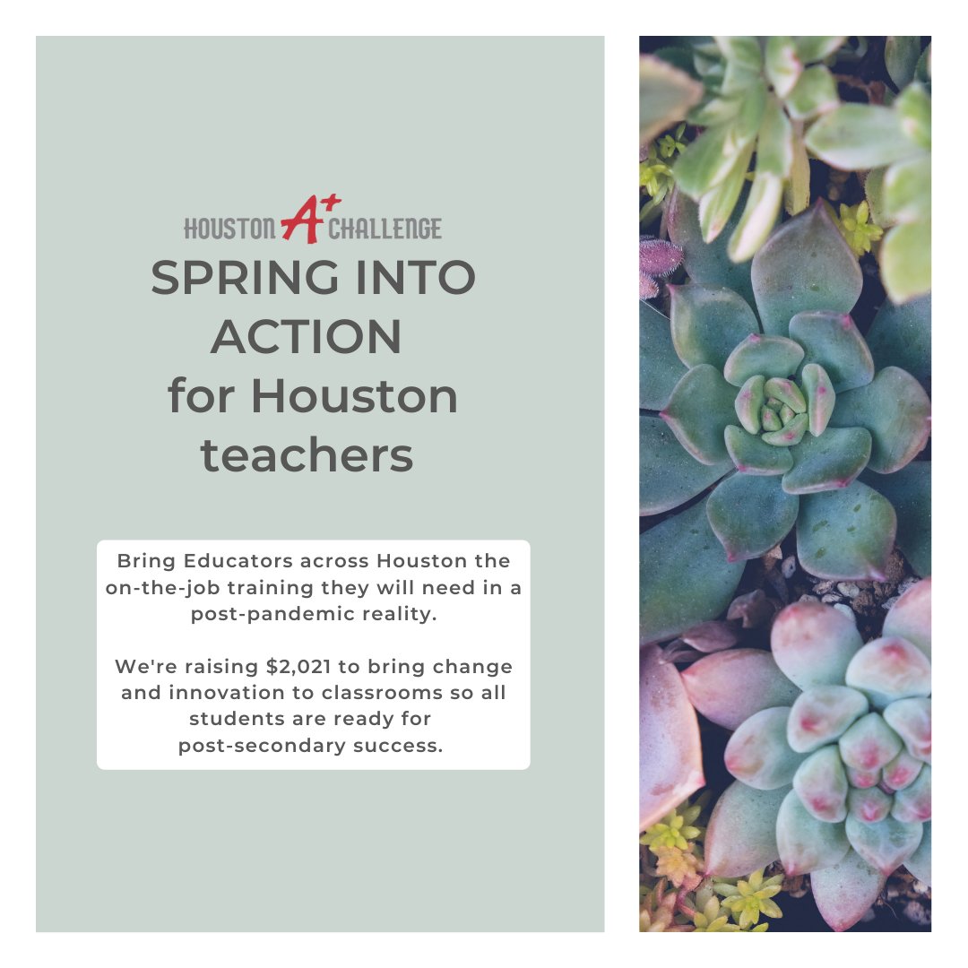 You can make a difference for educators across Houston and provide on-the-job training they need to keep pace with teaching and learning in 2021. Spring Into Action &amp; let's reach out goal of $2,021. Sustain your impact: consider a $5 or $10 monthly gift! houstonaplus.org/donate