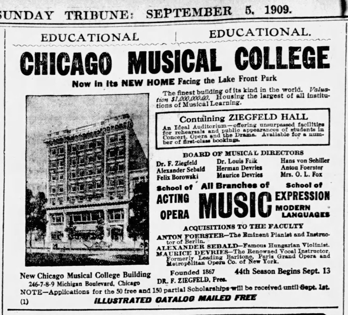Florence Ziegfeld Sr. founded the Chicago Musical College in 1867. The growing school moved into this C.A. Eckstorm-designed building when it was completed in 1908. It wouldn’t remain here long - within a decade it was converted into a movie theater.3/11