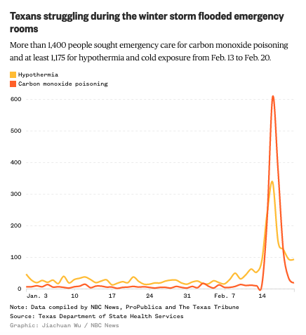 At least 11 deaths have been confirmed and more than 1,400 people sought care at emergency rooms and urgent care clinics for carbon monoxide poisoning during the weeklong Texas outage in February, just 400 shy of the total for 2020. Children made up 42% of the cases.
