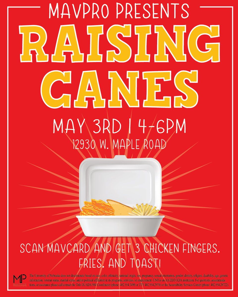 MavPro's tweet image. Hey, hey, you want some chicken today?🍗

Our event will be May 3rd from 4-6 PM at the Raising Canes off 130th and West Maple Road. Show your MavCARD for a free meal: 3 chicken fingers, toast and fries. 

Masks are required. Food given on first come first serve basis.