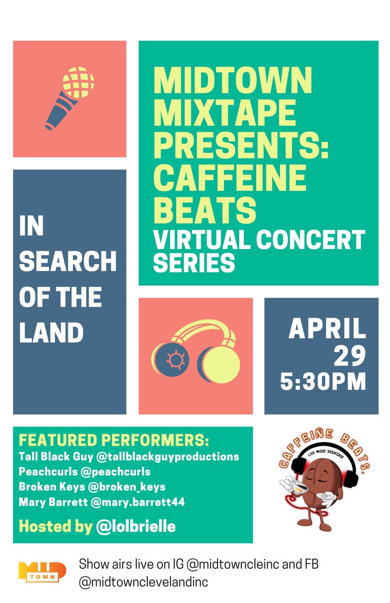 Caffeine Beats is today at 5:30! Join us and <a href="/ArtsTwelve/">Twelve Literary Arts</a> LIVE on IG and Facebook to hear snippets from "In Search Of The Land", a collaborative album with more than 40 exciting local artists such as @ThePeachcurls, <a href="/BROKENKEYS/">Broken Keys</a> and host <a href="/_lolbrielle/">Comedy Bae</a>.