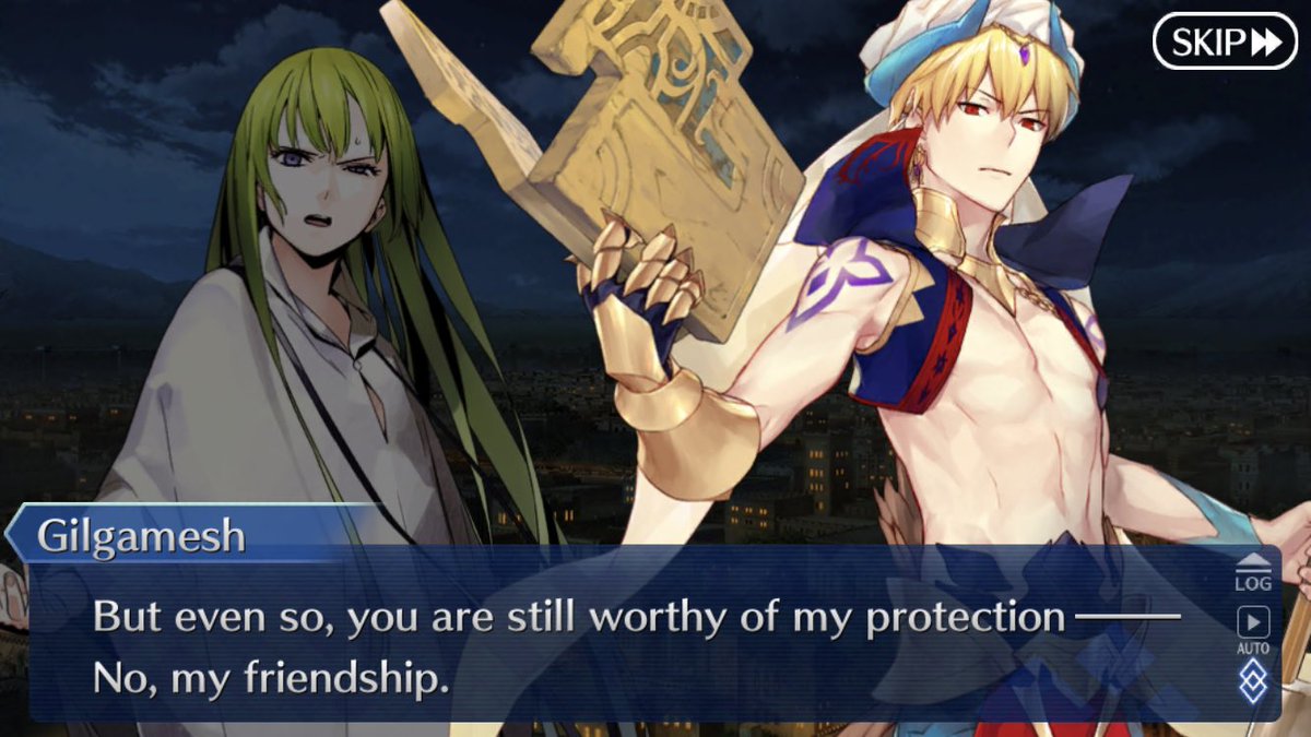 One can tell he is still mourning the death of Enkidu though he try’s to hide it as much as possible not wanting to appear weak when his people are struggling. Gilgamesh however does say to Enkidu’s doppelgänger Kingu words he likely want to say to his friend in life.