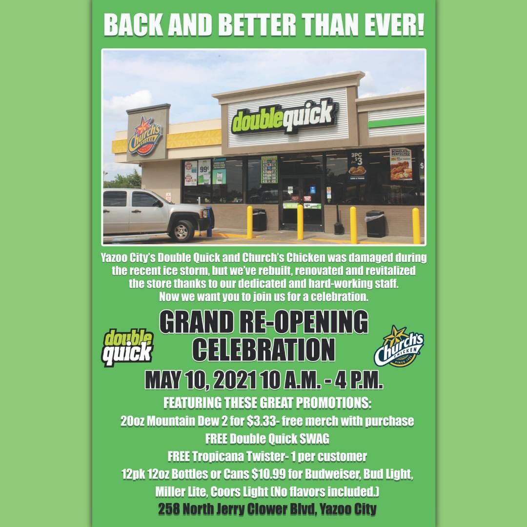 DoubleQuick_'s tweet image. You're invited! Let's celebrate our newly renovated store in Yazoo City, MS🥳 
.
.
Check our Facebook page to see the event listing and let us know if you'll be there!✅
#DoubleQuick #YazooCityMS #Mississippi #grandreopening #celebration #partytime #deals #prizes #wekeepyoumovin
