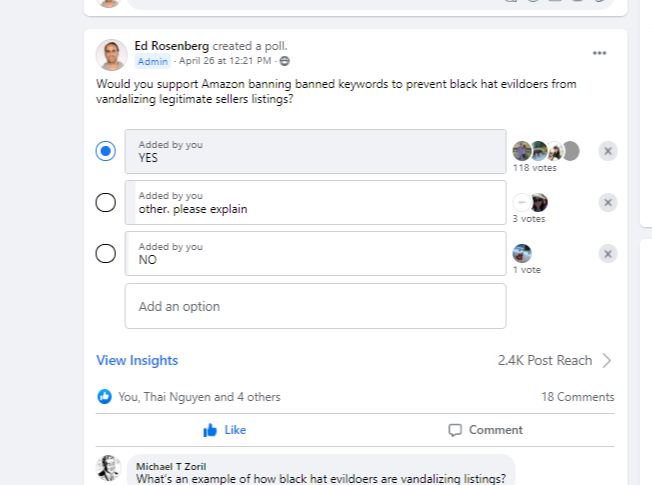 AmazonASGTG's tweet image. A simple solution supported by 99.2% of the sane Sellers community. Ban potentially prohibited keywords on all edits of listings until further notice to stop the relentless attacks of black hat vandals that are causing chaos to legitimate Amazon Sellers.

facebook.com/groups/AmazonS…