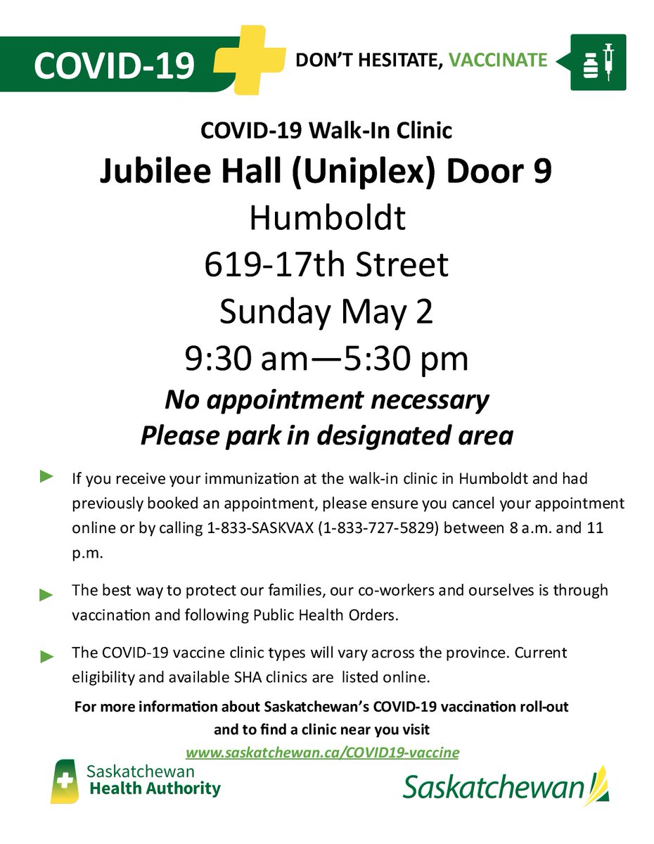 A "Vaccine Walk-In Clinic" will be available this Sunday, May 2 at Jubilee Hall!
