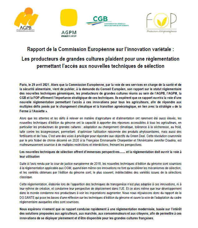 Les grandes cultures demandent l'accès aux nouvelles techniques de sélection et saluent les travaux de la Commission 🇪🇺 vers une refonte de la règlementation. Accès à ces innovations pour TOUS les agriculteurs, afin de répondre aux multiples défis #changementclimatique