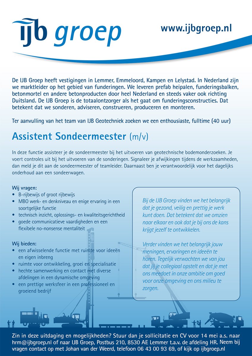 Voor ons Geotechniek Team zoeken wij een fulltime Assistent Sondeermeester. Heb jij technisch inzicht, ben je flexibel en oplossingsgericht?Kijk dan snel op: ijbgroep.nl/ijb-groep/werk…