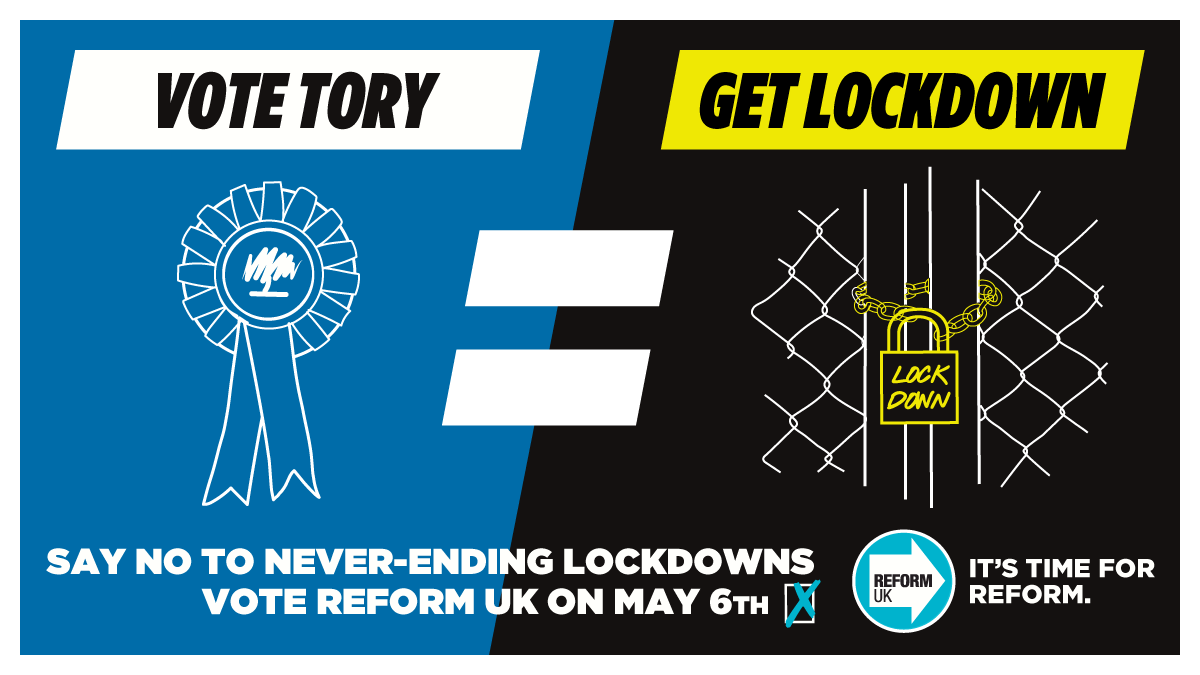 Reform UK on Twitter: &quot;Your Tory candidate may seem jolly nice... but a vote for them is a big thumbs up for the Tory Government&#39;s Covid policies...that means more lockdowns, more masks,