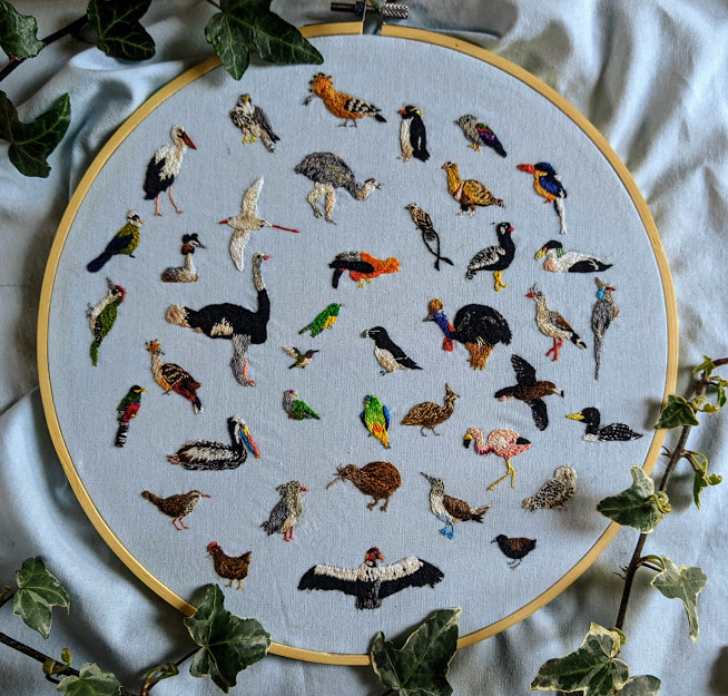 alright Bird Nerds and embroidery fans, let's do this again! Here is the second bird piece I've done, this time featuring all the orders of birds for  @TheLabAndField! Based on the IOC, join me as we go through each and every order 