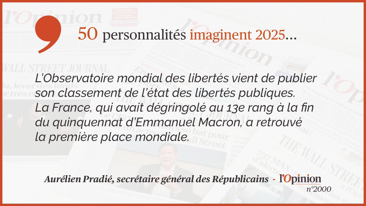 N°2000  50 personnalités imaginent 2025... @AurelienPradie anticipe une France redevenue championne des libertés.  https://www.lopinion.fr/edition/politique/aurelien-pradie-france-2025-numero-mondial-en-terme-libertes-242859