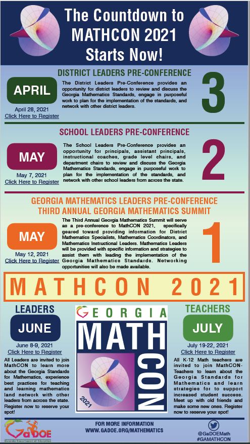 You won't want to miss these free sessions from GaDOE math! <a href="/WCSchools/">Whitfield County Schools</a> <a href="/CherokeeSchools/">Cherokee Co. Schools</a> <a href="/mcsgeorgia/">Murray Schools</a> <a href="/PCBOEGA/">Pickens BOE</a> <a href="/Gilmerschools/">Gilmer Schools</a> <a href="/GaDOEMath/">GaDOEMath</a>