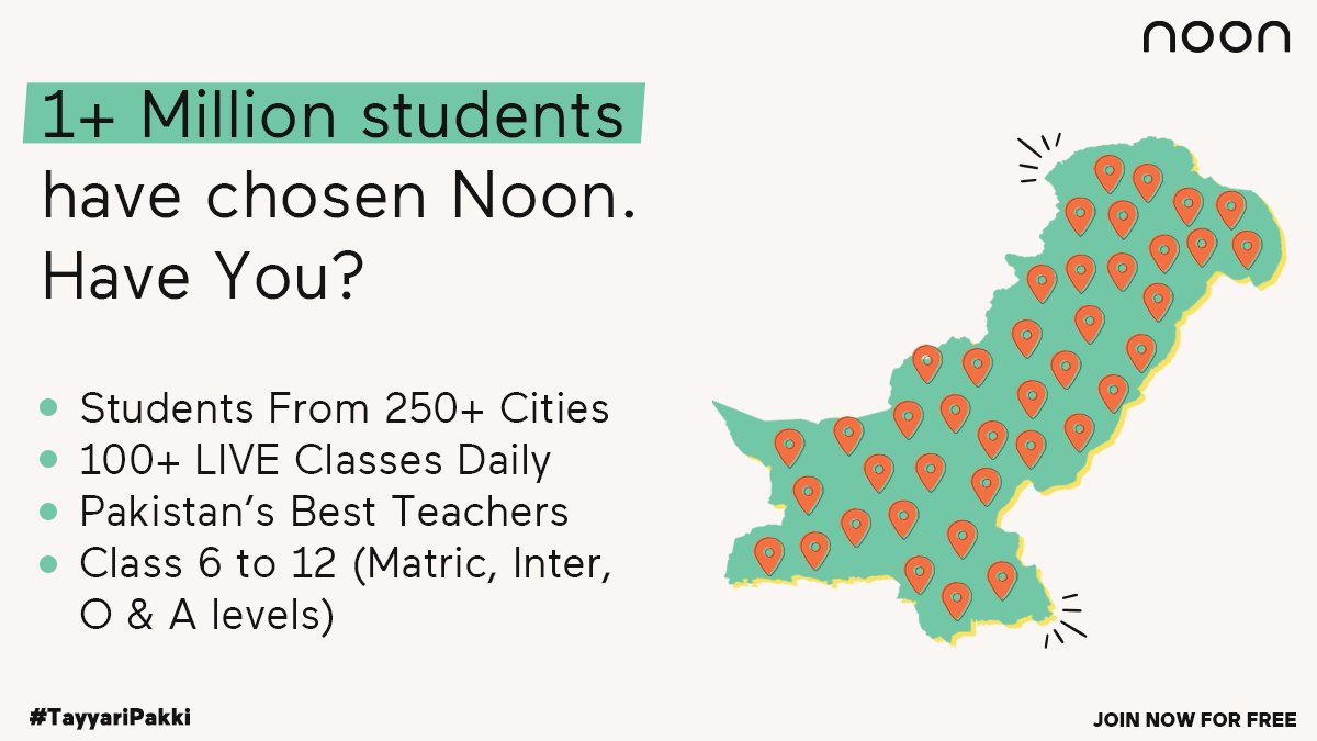 NoonPakistan's tweet photo. 1 million and counting! Noon making education accessible to students in every city of Pakistan with the best teachers. Sign up on the app if you haven’t already and become a part of the Noon squad!
Download here: https://t.co/D2VopcATdG
#TargetThursday #Noon #TayyariPakki https://t.co/z0AKeUNuJo