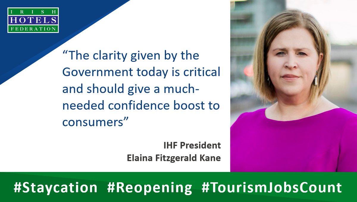 Very welcome news that hotels can reopen on 2nd June - it's gives a much-needed confidence boost to people planning a break or staycation over the coming months <a href="/MichealMartinTD/">Micheál Martin</a> <a href="/LeoVaradkar/">Leo Varadkar</a> <a href="/cathmartingreen/">Catherine Martin</a> <a href="/mmcgrathtd/">mmcgrathtd</a> <a href="/Paschald/">Paschal Donohoe</a> <a href="/ElainaFitzKane/">Elaina Fitzgerald Kane</a>  #Staycation #TourismJobsCount