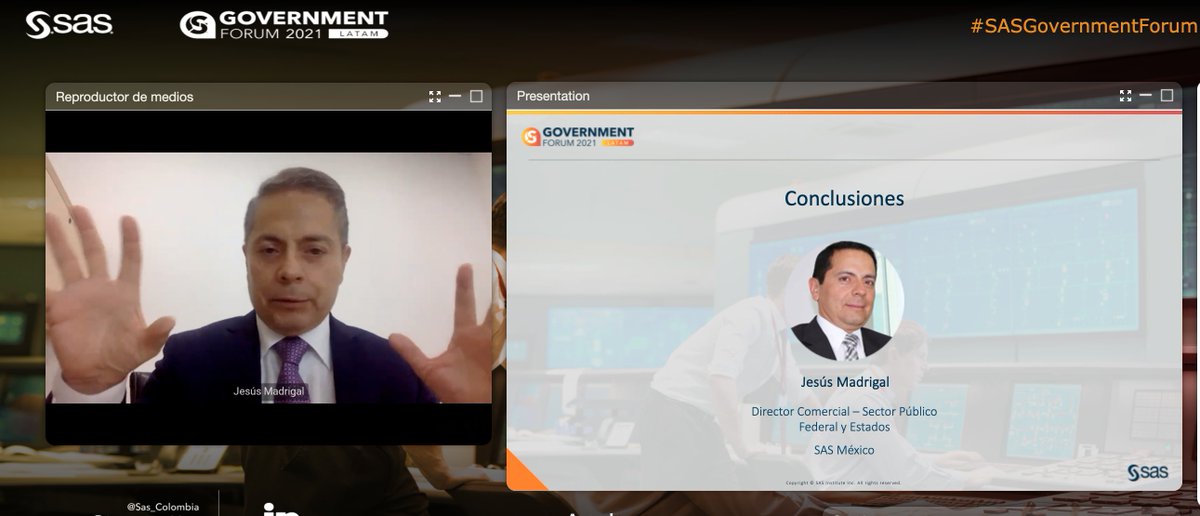 Sas_Colombia's tweet image. &quot;La ventaja de la tecnología analítica permite agilizar la #transformacióndigital tanto en las instituciones como en las agencias gubernamentales&quot;: Jesús Madrigal, Director Comercial, Sector Público Federal y Estados de @SASMexico, en el cierre de #SASGovernmentForum 🤝💡📊🤲