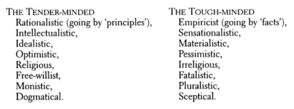I’m an amateur/aspiring William James scholar/fan, so I took the major framing from his Pragmatism. James makes a distinction b/w “tender minded” (freewill, religious, optimistic) - and the “tough minded” (deterministic, irreligious, skeptical). A start: