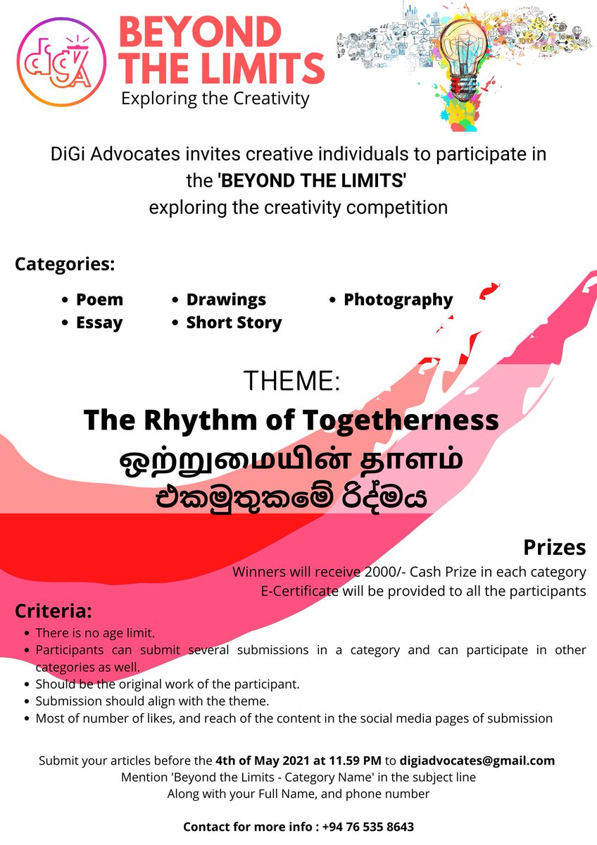 AdvocatesDigi's tweet photo. We have organized a Competition by 𝐃𝐢𝐆𝐢𝐀𝐝𝐯𝐨𝐜𝐚𝐭𝐞𝐬♥️🎨
𝑵𝑶 𝑳𝑰𝑴𝑰𝑻𝑨𝑻𝑰𝑶𝑵𝑺 𝒇𝒐𝒓 𝒕𝒉𝒆 𝒄𝒐𝒎𝒑𝒆𝒕𝒊𝒕𝒊𝒐𝒏❗❗❗
𝐍𝐎 𝐋𝐚𝐧𝐠𝐮𝐚𝐠𝐞 𝐛𝐚𝐫𝐫𝐢𝐨𝐫𝐬; 𝐘𝐨𝐮 𝐜𝐚𝐧 𝐭𝐫𝐲 𝐢𝐭 𝐨𝐧 𝐲𝐨𝐮𝐫 𝐎𝐰𝐧 𝐋𝐚𝐧𝐠𝐮𝐚𝐠𝐞 https://t.co/qvGz0PxpuB