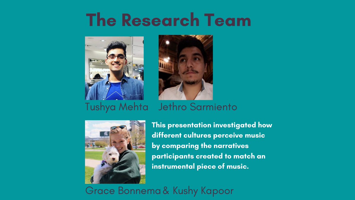 CognitiveDH's tweet photo. The last of our 1st place projects conducted research on how culture influences the perception music. Great work to our DHLC researchers and to all of the URRAF winners! Read more about this poster on page 206 of the program book: https://t.co/RLbKh2XN2F #UURAF #DHLC #MSUCAL https://t.co/FTQ8fskGdM