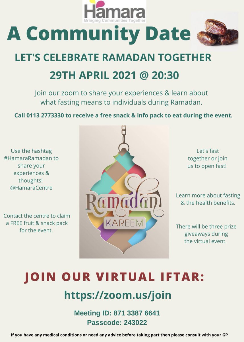 HamaraCentre's tweet photo. One last push for our virtual Iftar today. Join the Iftar on Zoom https://t.co/xP4ZI6suoi

Meeting ID: 871 3387 6641
Passcode: 243022

#Ramadan2021 #Zoomcodesclass #Zoom #iftar  #interfaith #join #one #islam #Webinar #fun #prizes #VirtualEvent #free #WestYorkshire https://t.co/MSrnTHGSzB