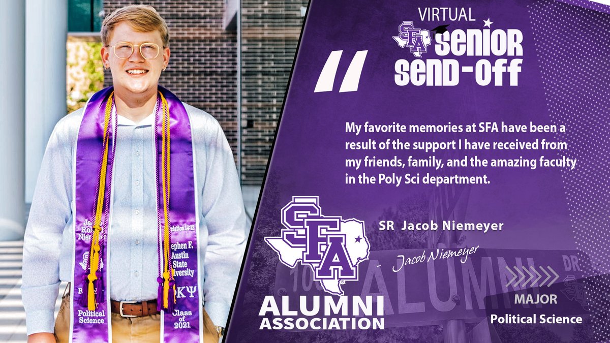 Big congrats to Jacob Niemeyer! 🎓

A Political Science major, Jacob has enjoyed his time at SFA. 

Congrats and well done!
-----------
Seniors, visit SFAAlumni.com/seniorsendoff and register today for our May 4 event. 

#LumberjackPride