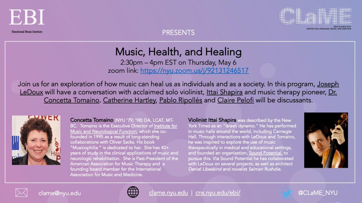 Join our 2nd event with the Emotional Brain Institute-- "Music, Health, and Healing"-- <a href="/theamygdaloid/">Joseph E. LeDoux "The Four Realms of Existence"</a> will lead a discussion with <a href="/musichaspower1/">Concetta Tomaino</a> and <a href="/IttaiShapira/">Ittai Shapira</a> about their work in music and music therapy. See clame.nyu.edu/news-and-events for more details-- May 6 2:30pm EST