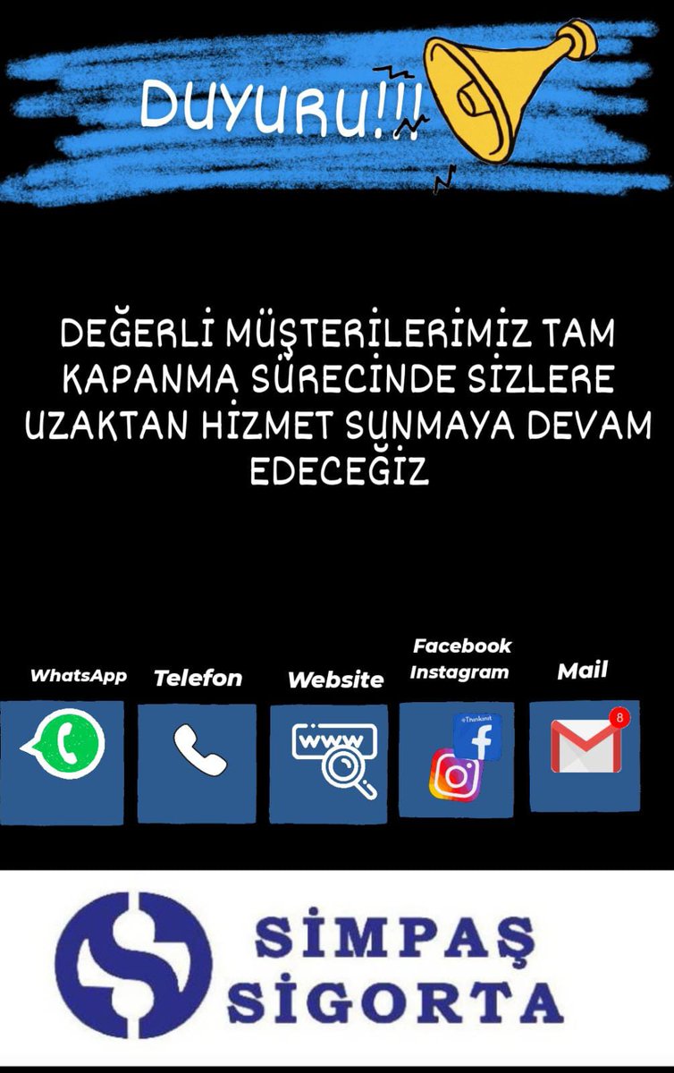 Değerli Müşterilerimiz;

Tam kapanma döneminde sizlere uzaktan hizmet vermeye devam edeceğiz...

#simpaşsigorta 
#simpassigortabesevler