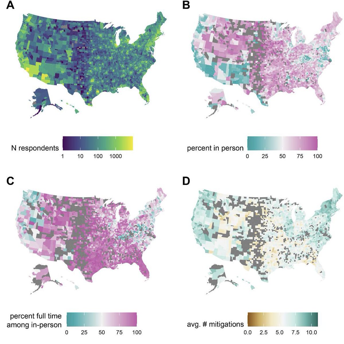 We use data from  @CmuDelphi COVID-19 Symptom Survey  https://delphi.cmu.edu/covidcast/survey-results/?date=20210221. Based on responses throughout the country (A) we see huge differences frequency of in-person schooling (B), the amount full time (C) and the number of mitigation measures reported (D) (2/8)