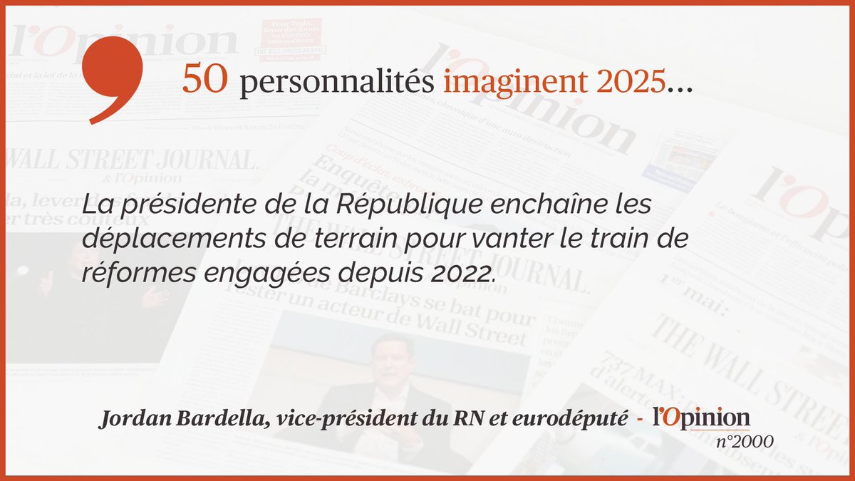 N°2000  50 personnalités imaginent 2025... @J_Bardella raconte la première partie du mandat d’une présidence Le Pen.   https://www.lopinion.fr/edition/politique/jordan-bardella-en-2025-pen-vante-train-reformes-a-mi-mandat-242296