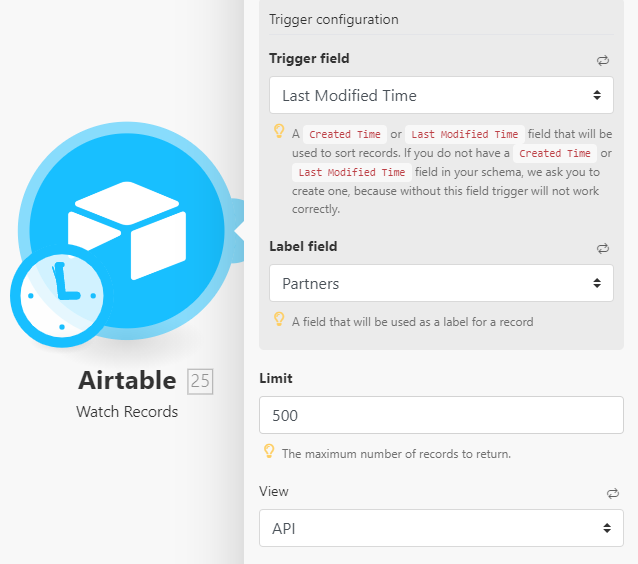 In my  @airtable I have a View labeled API. This is locked and uneditable by collaborators. The Airtable API uses data from the API View to supply to Integromat, based on the "Last Modified Time". So every day at a fixed time (3-5AM), any records that have changes get updated!