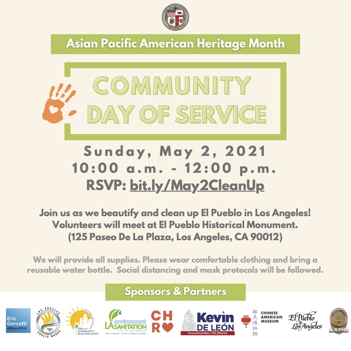 LA Civil Rights (@lacivilrights) on Twitter photo This Sunday, join us in El Pueblo to kick off Asian Pacific American Heritage Month!
We'll be joining <a href="/LACityDPW/">LA City Public Works</a>, <a href="/camLAorg/">Chinese American Museum</a>, <a href="/LACitySAN/">LA Sanitation & Environment ♻️💧🌳</a>, <a href="/LAPDHQ/">LAPD HQ</a>, <a href="/MayorOfLA/">Mayor Karen Bass</a> & <a href="/kdeleon/">Kevin de Leόn</a> at 10am for a clean-up in the historic birthplace of LA. ✨
Join us: bit.ly/May2CleanUp
#APAHM #Community This Sunday, join us in El Pueblo to kick off Asian Pacific American Heritage Month!
We'll be joining <a href="/LACityDPW/">LA City Public Works</a>, <a href="/camLAorg/">Chinese American Museum</a>, <a href="/LACitySAN/">LA Sanitation & Environment ♻️💧🌳</a>, <a href="/LAPDHQ/">LAPD HQ</a>, <a href="/MayorOfLA/">Mayor Karen Bass</a> & <a href="/kdeleon/">Kevin de Leόn</a> at 10am for a clean-up in the historic birthplace of LA. ✨
Join us: bit.ly/May2CleanUp
#APAHM #Community