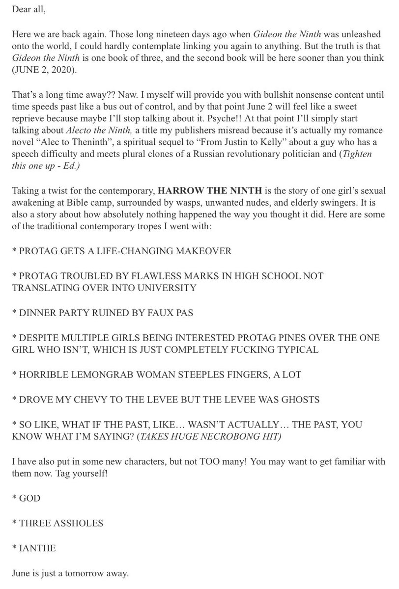 yearning once again for the tamsyn description of alecto the ninth on tumblr dot com... and feeling absolutely ill at the realization that the one written for harrow was written a mere NINETEEN days after gideon was released what the fuck actually