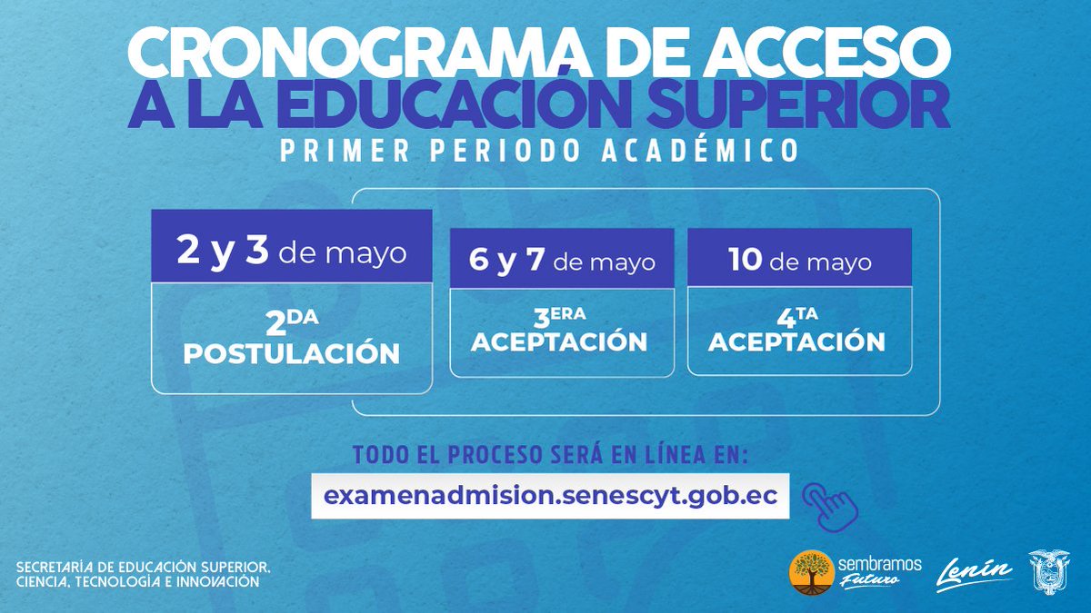 🤓¡Pilas con esta info!

☝️Si aún no has obtenido un cupo, postula nuevamente a 5 opciones de carrera, este 2 y 3 de mayo.

💡El proceso es 100 % en línea y deberás hacerlo ingresando en 👉 examenadmision.senescyt.gob.ec.
