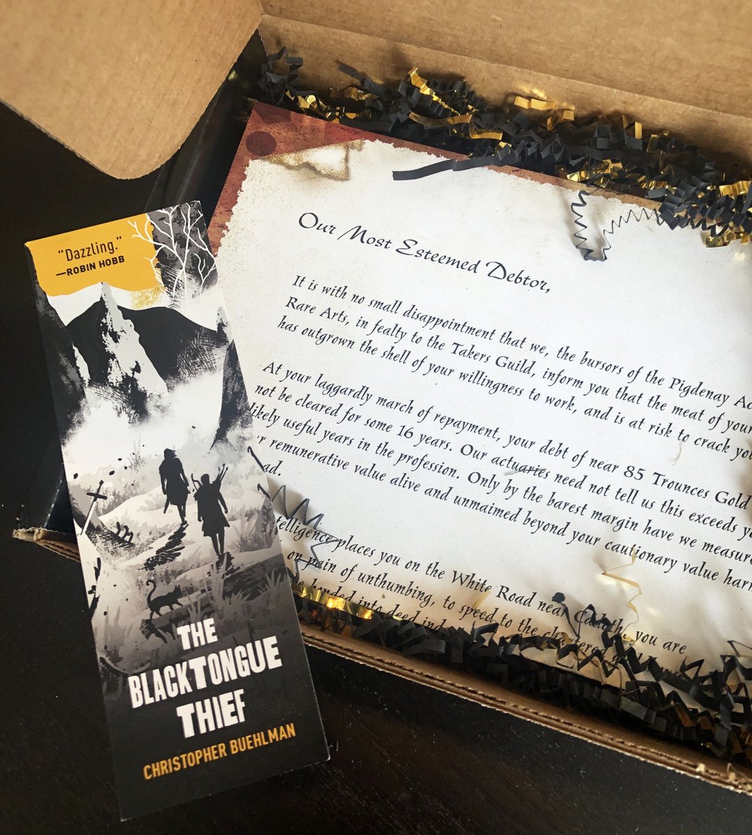 torbooks's tweet photo. Happy Friday! We're celebrating by giving one lucky person the chance to win our #TheBlacktongueThief influencer box. Just follow us and RT this post for the chance to win:
 
-1 galley
-2 tattoos
-2 skull dice
-1 bookmark 
-1 letter 

#BlacktongueThiefBoxSweeps @Buehlmeister https://t.co/oPmglYr2CR