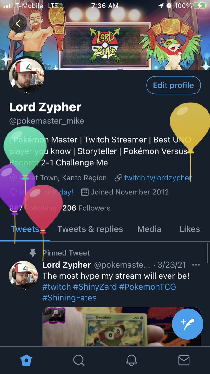 Got the balloons on my profile today! Must mean it is my birthday! Doing a huge birthday stream tonight at 7PM! Come hang! Friends, RT’s, hosts and raids would be incredibly appreciated tonight! 🤘🏻 #twitch #MyBirthday #PokemonTCG #HiddenFates #ChampionsPath #raffle