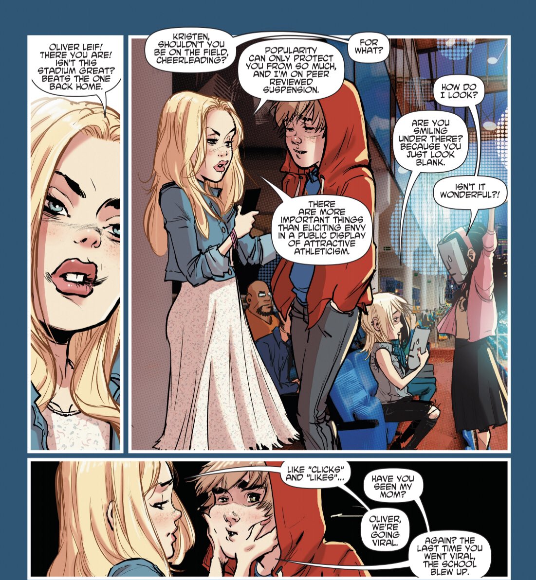 AWA_Studios's tweet photo. Oliver’s has a lot more than popularity to worry about in E-RATIC #5 by Kaare Andrews and @ReberVision! This final issue is in stores now!!! #comics #highschoolproblems https://t.co/0CQUEpTBah