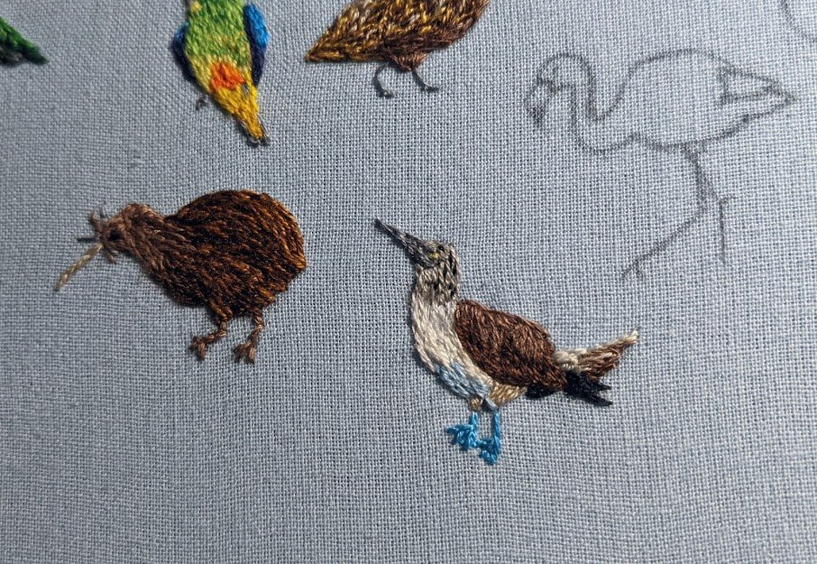 We're back to the drink again with the Suliformes.This includes a wide variety of birds that live in and on the water, such as cormorants, frigatebirds and gannets. It also includes the boobies, so of course I stitched a blue-footed one, what do you expect? (Benjamint444)