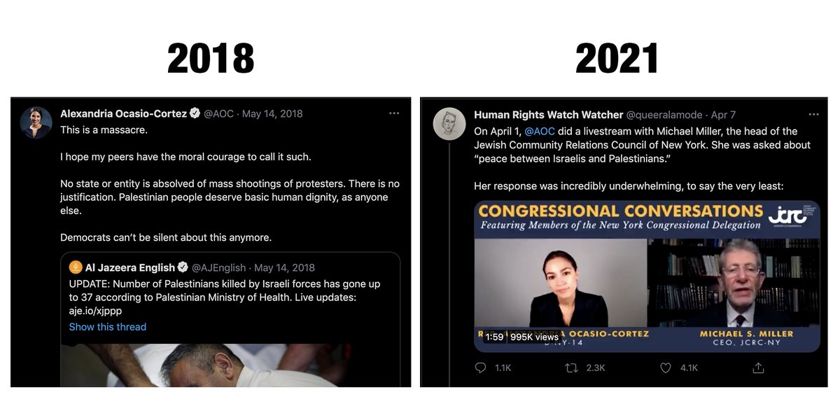 This ^ claim is made by comparing a bold 2018 tweet correctly accusing Israel of committing a massacre against Palestinians & saying we can’t be silent about it, to an incoherent answer she gave to a recent question on how to achieve peace between Israelis & Palestinians (2/14)