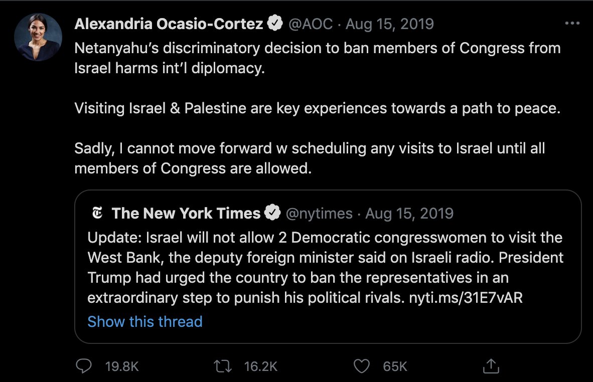 In 2019, she stood in solidarity with Congresswomen Rashida Talib and Ilhan Omar when they were denied entry by Israel, and said she wouldn’t go to Israel until they were allowed to go. (5/14)