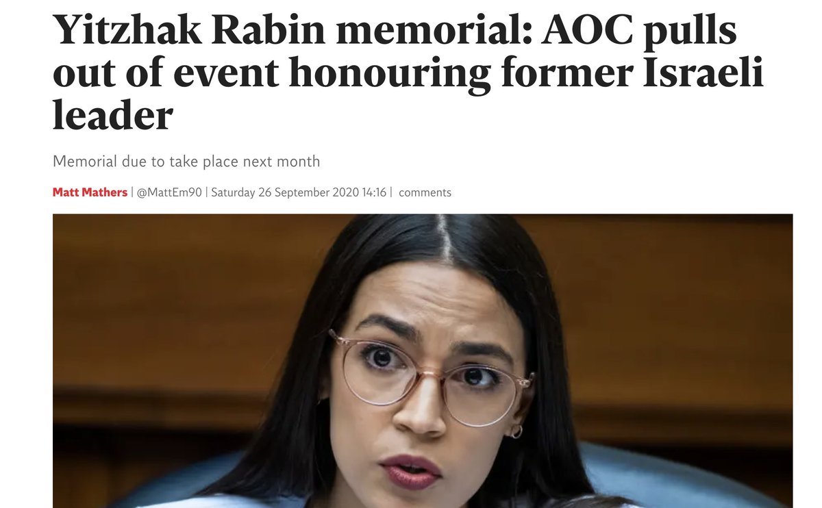 In September 2020, she pulled out of an event honoring assassinated Israeli PM Rabin once she was informed of his actual legacy of brutal violence towards Palestinians (instead of the whitewashed “man of peace” legacy). (7/14)