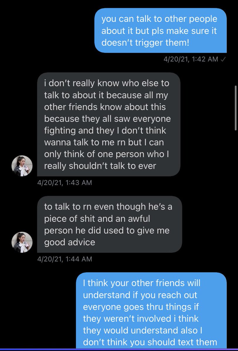 here’s us kindly asking him not to bring up self harm and suicide to nelly and i because it is one of our triggers and him trying to manipulate me to talk about it with him by saying he’s gonna go talk to Kyle which is who he made the expose thread on.