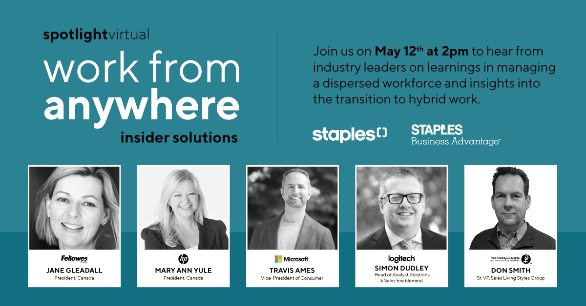 StaplesProf's tweet photo. The work from anywhere insider panel will feature industry leaders to share their learnings on managing a dispersed workforce and insights into the transition to hybrid work. Register today and join us on May 12, 2021, at 2 pm EST - https://t.co/OwNC7Hka7i #StaplesforBusiness https://t.co/Gtgwf784RY
