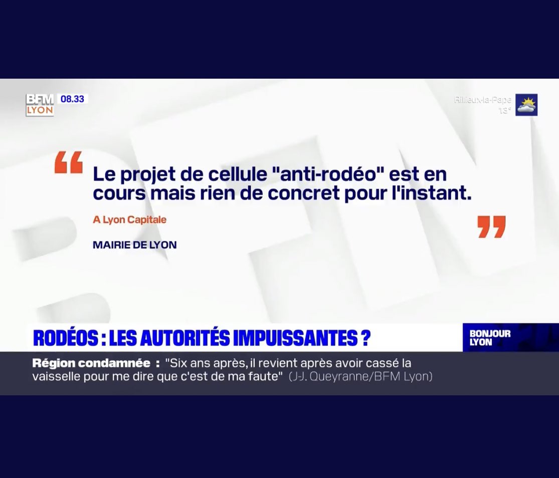 blanc_etienne's tweet photo. Rodéo sous les fenêtres du Maire de Lyon >> la réponse de la Mairie, toujours aussi stupéfiante “un projet de cellule anti rodéo est en cours mais rien de concret pour l’instant”
Lyonnais, dormez tranquillement! Ah non, pardon 🤦‍♂️⤵️ https://t.co/u8PRTIt9zr