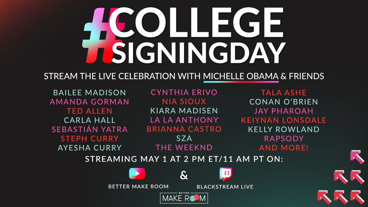 Michelle Obama (@michelleobama) on Twitter photo I'm so proud of all the students who've made the commitment to pursue higher education. I know this school year hasn’t been easy, so I can't wait to celebrate you on #CollegeSigningDay with <a href="/BetterMakeRoom/">Better Make Room 🎓</a>! Watch our virtual celebration on May 1 at 2pm ET: youtube.com/bettermakeroom I'm so proud of all the students who've made the commitment to pursue higher education. I know this school year hasn’t been easy, so I can't wait to celebrate you on #CollegeSigningDay with <a href="/BetterMakeRoom/">Better Make Room 🎓</a>! Watch our virtual celebration on May 1 at 2pm ET: youtube.com/bettermakeroom