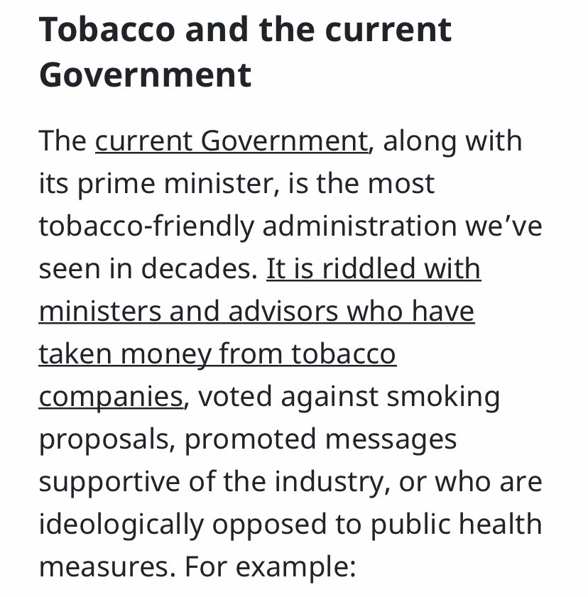 ‘The current Government, along with its prime minister, is the most tobacco-friendly administration we’ve seen in decades. It is riddled with ministers and advisors who have taken money from tobacco companies’ https://blogs.bath.ac.uk/tcrg/2021/04/28/big-four-government-lobbying/