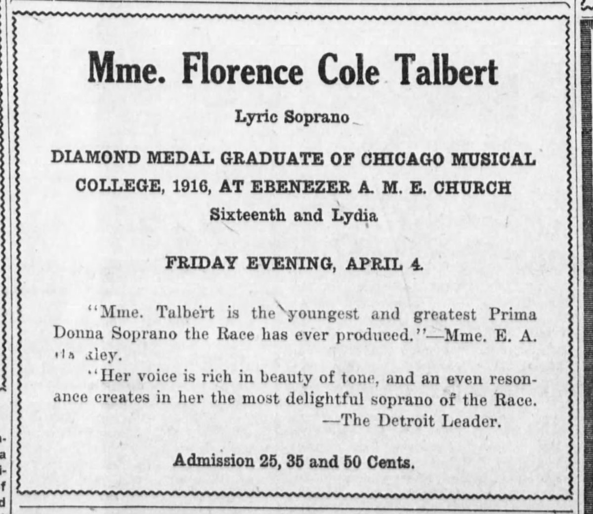 Before the Chicago Musical College moved out, though, they enrolled future opera star Florence Cole Talbert in 1916. The first Black singer to perform here, she was also awarded the school's "Diamond Medal".(no clue what that actually means tbh but impressive regardless) 4/11