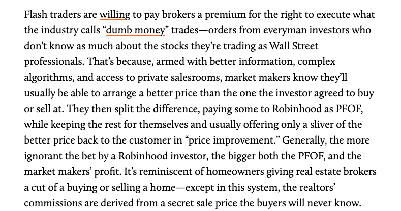 But why do market-makers want to pay Robinhood for their customer’s trades? Because on Wall Street, there is BIG money to be made on information asymmetry. And who has the least information? The regular people trading on Robinhood /9