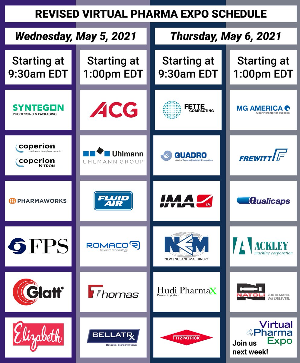 vpharmaexpo's tweet image. We have an updated schedule for next week's event! Don't miss it! As always, registration is 𝙁𝙍𝙀𝙀! virtualexposeries.com

#vpharmaexpo