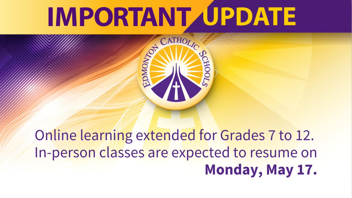 Important Update: <a href="/YourAlberta/">Alberta Government</a> is extending online learning for all #ECSD students in Grade 7 to 12. At this time, in-person learning is scheduled to resume on Monday, May 17.