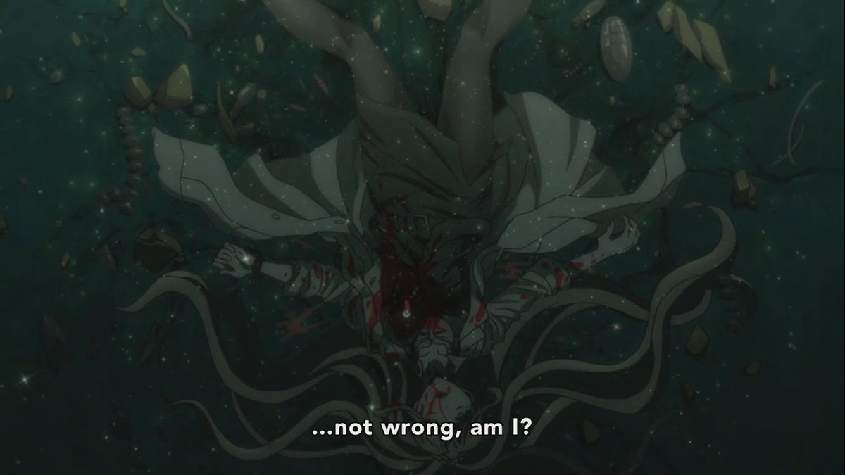 In one final act, one of hope and despair, she sets up an elaborate death. One that would cause Kyosuke great despair and prompt him to go mad. But also would cause hope to prevail. A dramatic scene filled with contradicting intentions. +