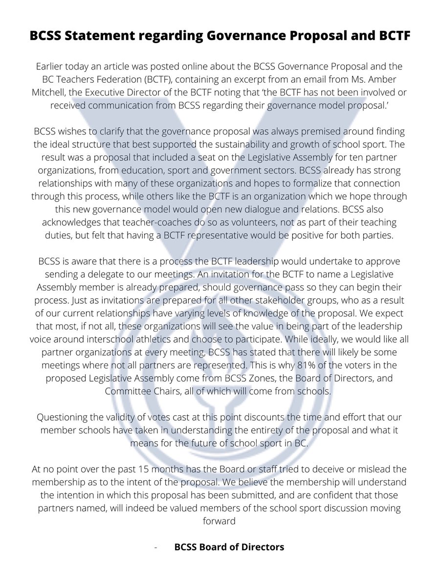A statement from the BCSS Board of Directors
