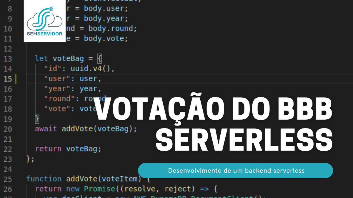 SemServidorCast's tweet photo. "Criando um backend para votação do BBB em 1 (uma) semana"
As votações do BBB vem batendo recorde atrás de recorde de quantidade de votos.
Vem conferir nesse repositório do GitHub como usar #serverless para criar um backend de votação do BBB: https://t.co/NdZog1AvDQ https://t.co/5YLmQgAATi